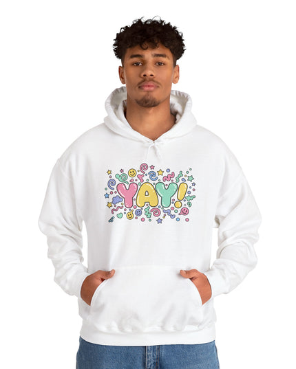 YAY! bubble letters Hoodie | Chaotic Cute typography, rainbow warped text