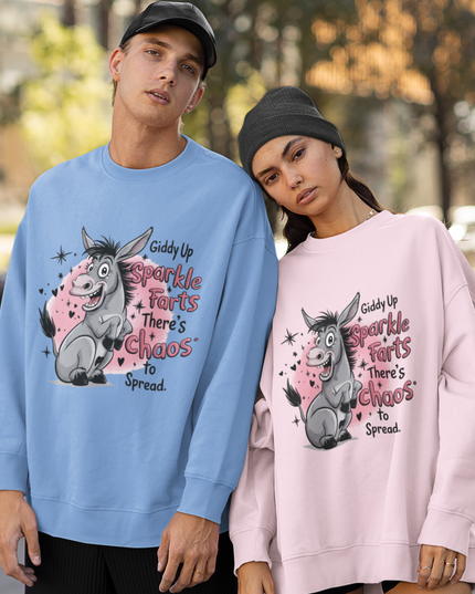 Funny Donkey Sweatshirt – Unisex Oversized Crewneck with Cute Cartoon & “Giddy Up Sparkle Farts”