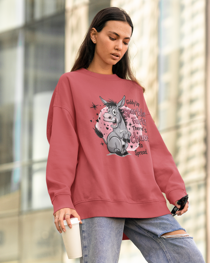 Funny Donkey Sweatshirt – Unisex Oversized Crewneck with Cute Cartoon & “Giddy Up Sparkle Farts”