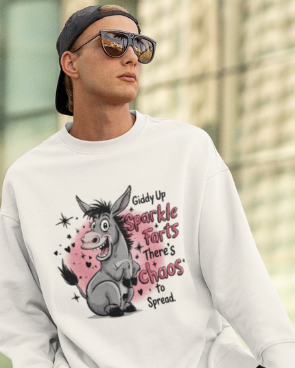 Funny Donkey Sweatshirt – Unisex Oversized Crewneck with Cute Cartoon & “Giddy Up Sparkle Farts”