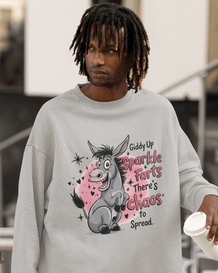 Funny Donkey Sweatshirt – Unisex Oversized Crewneck with Cute Cartoon & “Giddy Up Sparkle Farts”