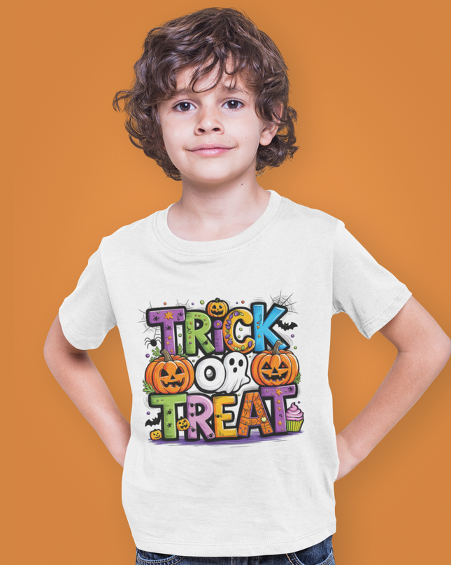 Kids Halloween Trick or Treat T-Shirt – Spooky Graphic Tee, Funny Halloween Costume Shirt for Boys & Girls