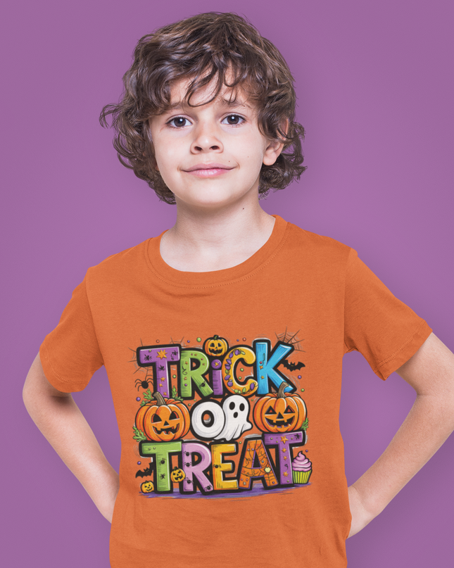 Kids Halloween Trick or Treat T-Shirt – Spooky Graphic Tee, Funny Halloween Costume Shirt for Boys & Girls