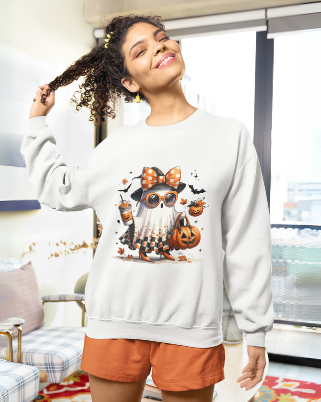 Cute Ghost Halloween Sweatshirt – Women’s Spooky Season Crewneck, Fall Aesthetic Pumpkin Graphic Pullover