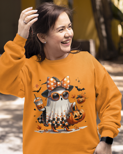 Cute Ghost Halloween Sweatshirt – Women’s Spooky Season Crewneck, Fall Aesthetic Pumpkin Graphic Pullover