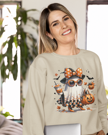 Cute Ghost Halloween Sweatshirt – Women’s Spooky Season Crewneck, Fall Aesthetic Pumpkin Graphic Pullover