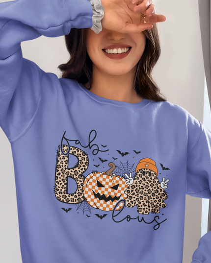Fab-BOOlous Halloween Sweatshirt – Women’s Spooky Leopard Print Pumpkin Ghost Crewneck, Unisex Fall Outfit