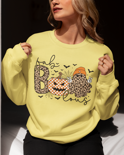Fab-BOOlous Halloween Sweatshirt – Women’s Spooky Leopard Print Pumpkin Ghost Crewneck, Unisex Fall Outfit