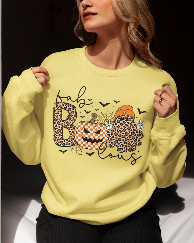 Fab-BOOlous Halloween Sweatshirt – Women’s Spooky Leopard Print Pumpkin Ghost Crewneck, Unisex Fall Outfit