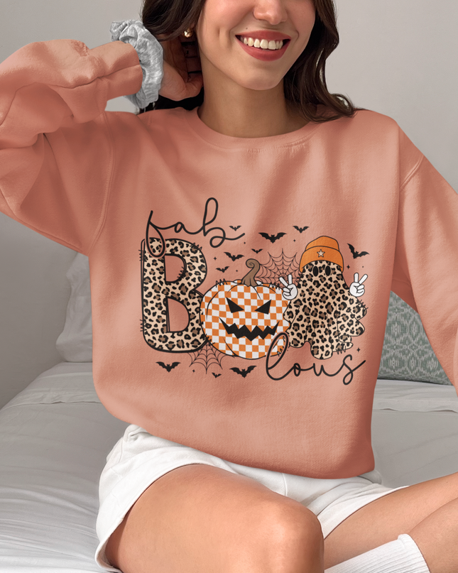 Fab-BOOlous Halloween Sweatshirt – Women’s Spooky Leopard Print Pumpkin Ghost Crewneck, Unisex Fall Outfit
