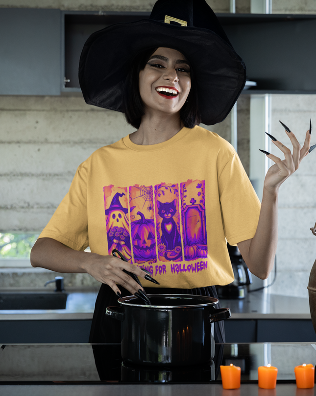 Unisex Halloween T-Shirt with Ghost, Pumpkin, Cat & Tombstone Design