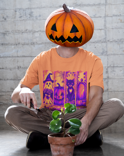 Unisex Halloween T-Shirt with Ghost, Pumpkin, Cat & Tombstone Design