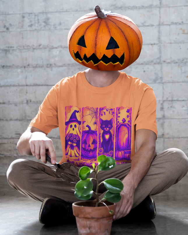 Unisex Halloween T-Shirt with Ghost, Pumpkin, Cat & Tombstone Design