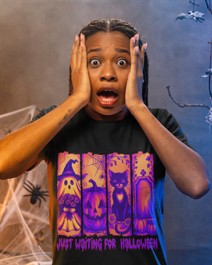 Unisex Halloween T-Shirt with Ghost, Pumpkin, Cat & Tombstone Design