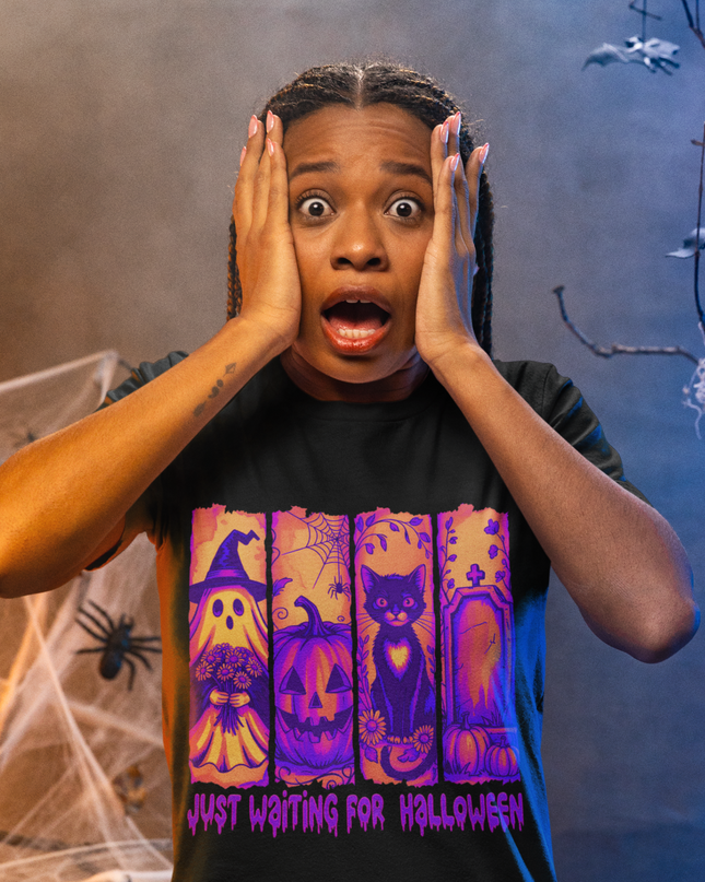 Unisex Halloween T-Shirt with Ghost, Pumpkin, Cat & Tombstone Design