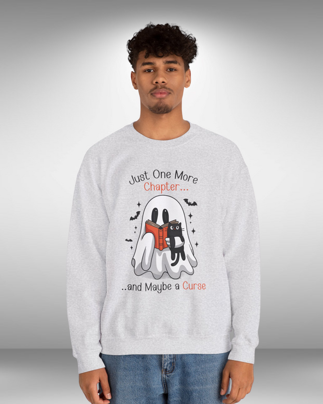Spooky Ghost Reading Crewneck Sweatshirt – Just One More Chapter Black Cat Halloween Sweater