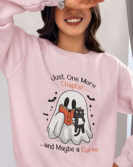 Spooky Ghost Reading Crewneck Sweatshirt – Just One More Chapter Black Cat Halloween Sweater
