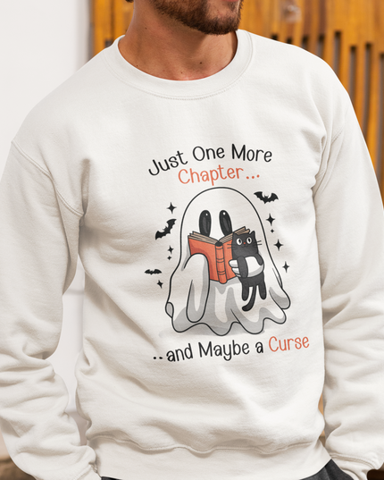 Spooky Ghost Reading Crewneck Sweatshirt – Just One More Chapter Black Cat Halloween Sweater