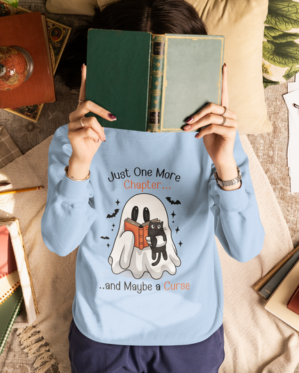 Spooky Ghost Reading Crewneck Sweatshirt – Just One More Chapter Black Cat Halloween Sweater
