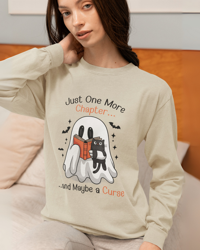 Spooky Ghost Reading Crewneck Sweatshirt – Just One More Chapter Black Cat Halloween Sweater