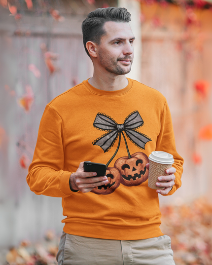 Unisex Halloween Pumpkin Sweatshirt – Spooky Jack-O’-Lantern Crewneck with Bow | Fall & Halloween Outfit