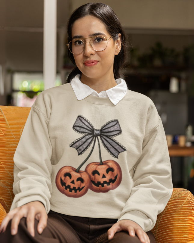 Unisex Halloween Pumpkin Sweatshirt – Spooky Jack-O’-Lantern Crewneck with Bow | Fall & Halloween Outfit