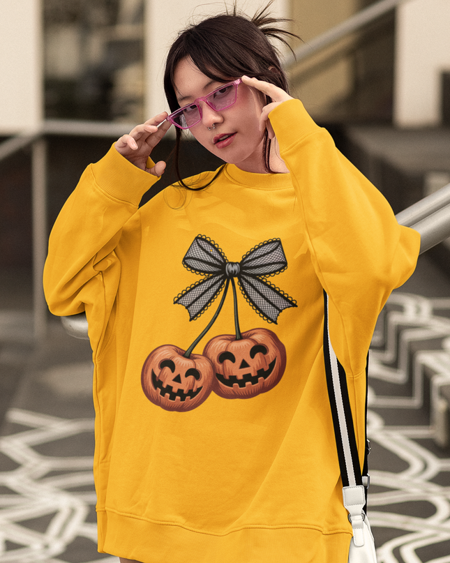 Unisex Halloween Pumpkin Sweatshirt – Spooky Jack-O’-Lantern Crewneck with Bow | Fall & Halloween Outfit