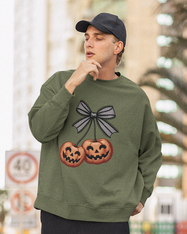 Unisex Halloween Pumpkin Sweatshirt – Spooky Jack-O’-Lantern Crewneck with Bow | Fall & Halloween Outfit