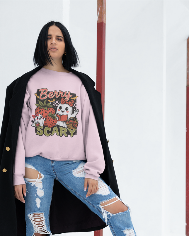 Berry Scary Halloween Sweatshirt – Cute Ghost Strawberry Fall Crewneck, Spooky Season Graphic Pullover