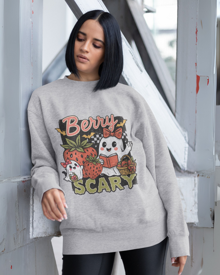 Berry Scary Halloween Sweatshirt – Cute Ghost Strawberry Fall Crewneck, Spooky Season Graphic Pullover
