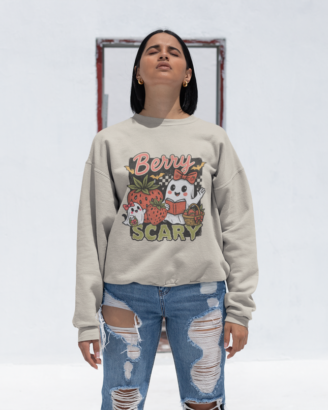 Berry Scary Halloween Sweatshirt – Cute Ghost Strawberry Fall Crewneck, Spooky Season Graphic Pullover