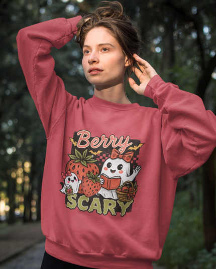 Berry Scary Halloween Sweatshirt – Cute Ghost Strawberry Fall Crewneck, Spooky Season Graphic Pullover