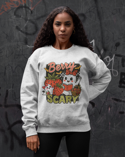 Berry Scary Halloween Sweatshirt – Cute Ghost Strawberry Fall Crewneck, Spooky Season Graphic Pullover