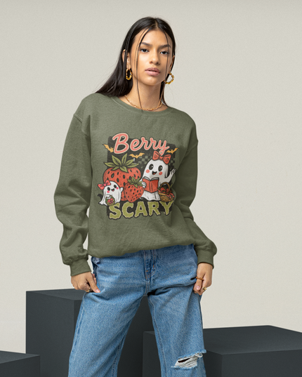 Berry Scary Halloween Sweatshirt – Cute Ghost Strawberry Fall Crewneck, Spooky Season Graphic Pullover