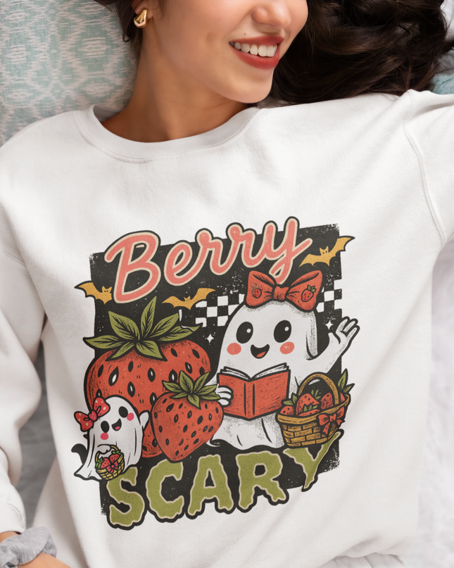 Berry Scary Halloween Sweatshirt – Cute Ghost Strawberry Fall Crewneck, Spooky Season Graphic Pullover