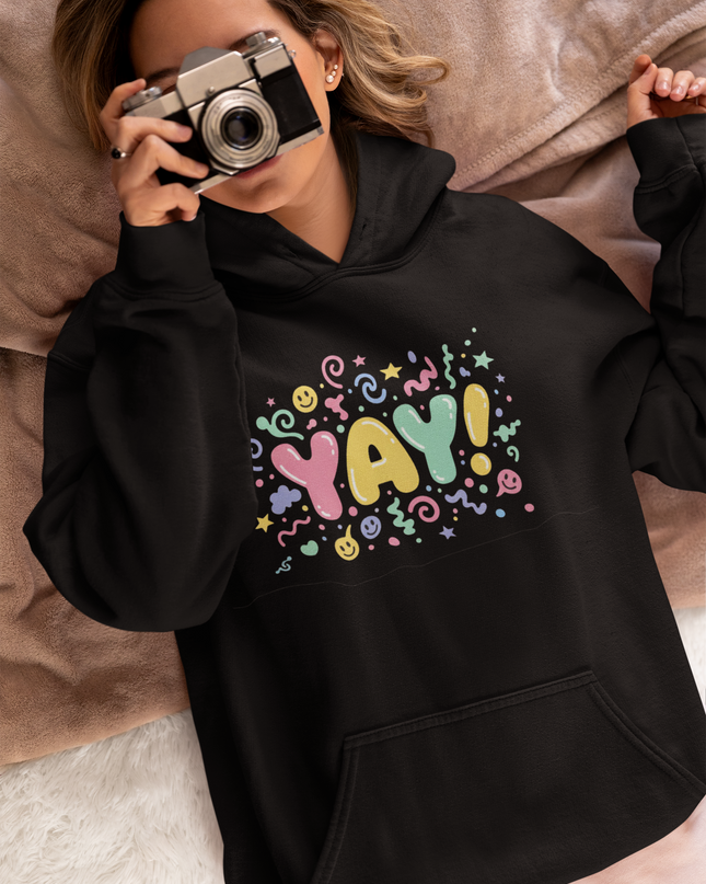 YAY! bubble letters Hoodie | Chaotic Cute typography, rainbow warped text