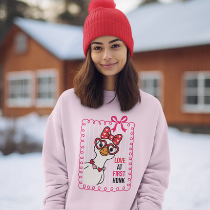 Love at First Honk Goose Valentine Sweatshirt in Light Pink