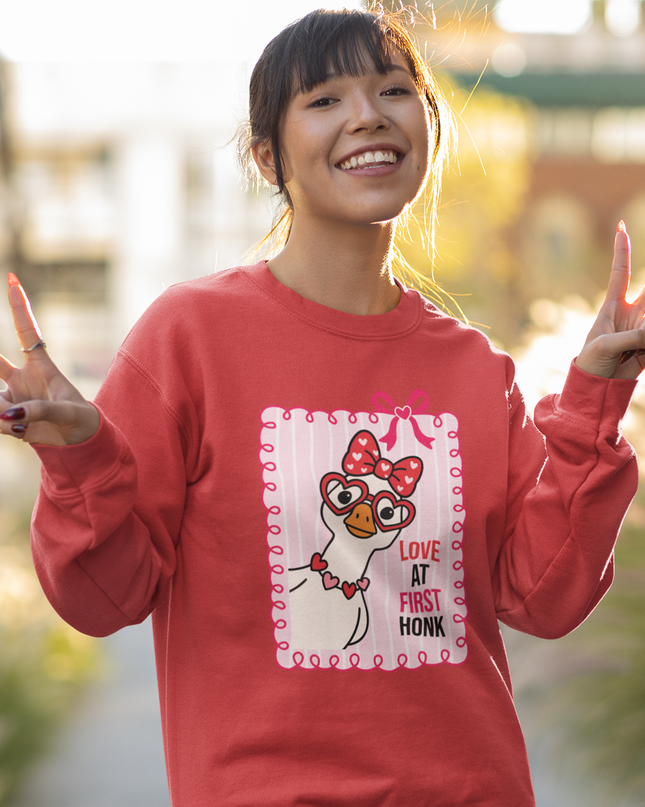 Love at First Honk Valentine Sweatshirt – Cute Goose Graphic Crewneck