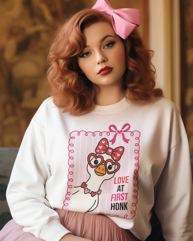 Love at First Honk Valentine Sweatshirt – Cute Goose Graphic Crewneck